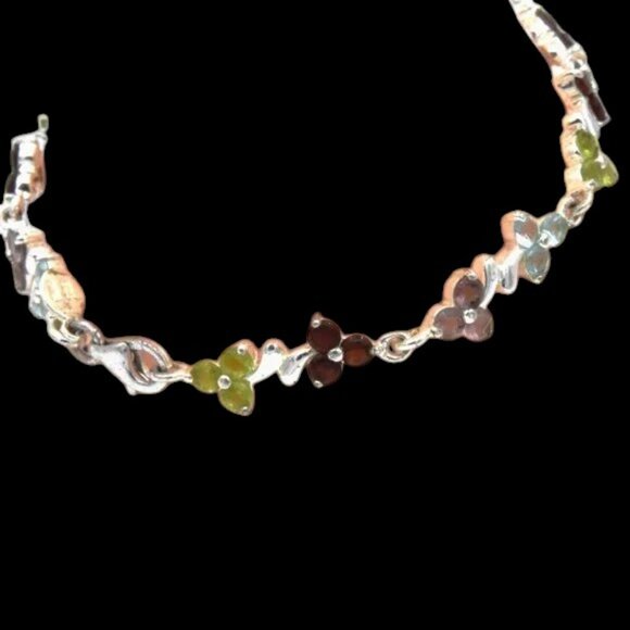 Sterling Silver Floral Bracelet Amethyst, Garnet, Topaz, & Peridot Color Stones - Picture 5 of 6